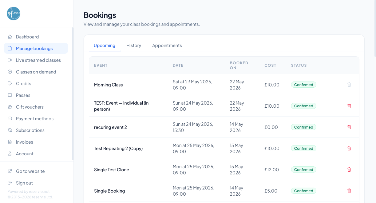 Customer Portal manage bookings page showing the Bookings heading, three tabs (Upcoming, History, Appointments), and a table of upcoming bookings with columns for Event, Date, Booked on, Cost, Status, and a Cancel Booking button