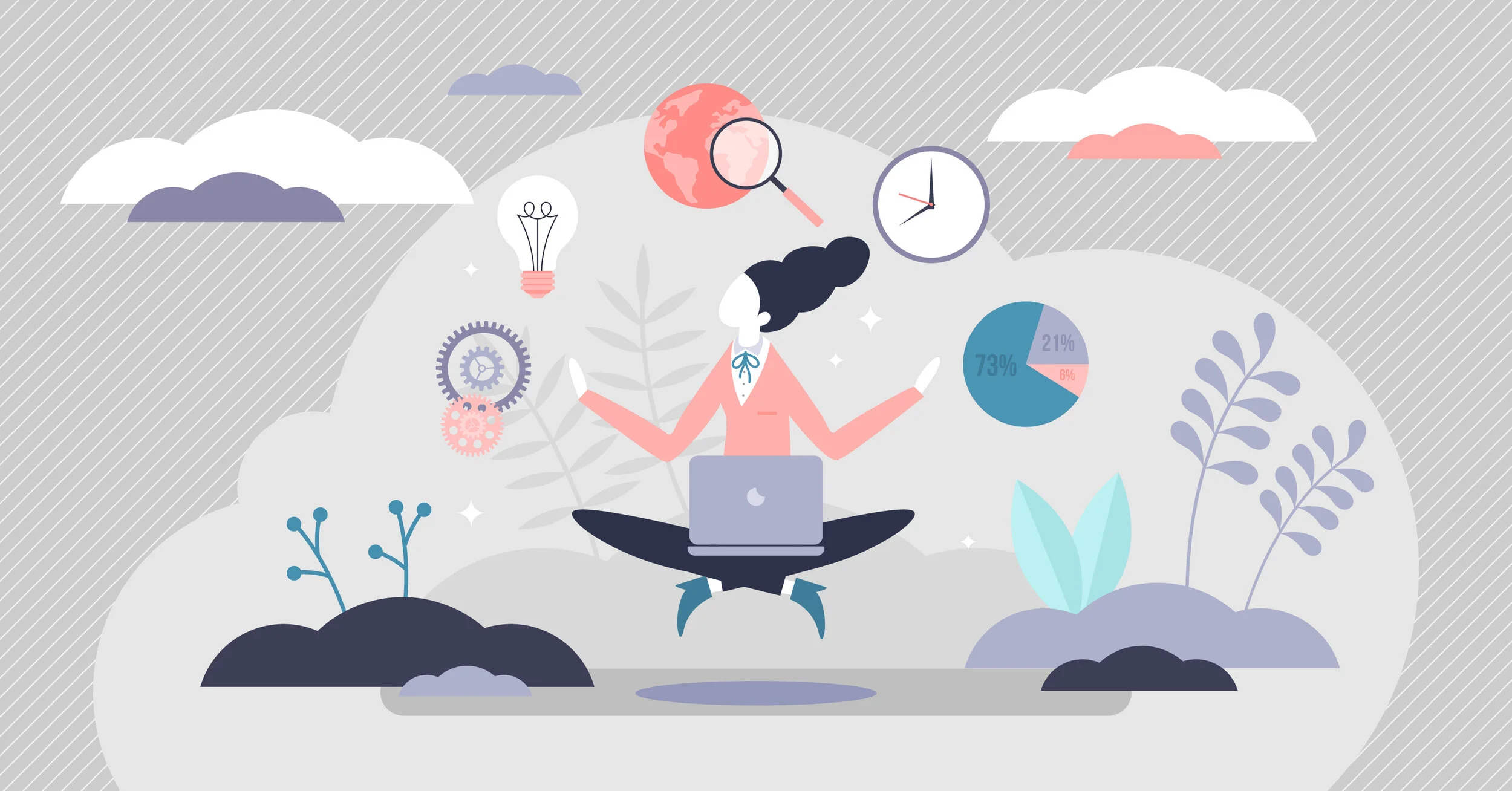 An illustration of a person sitting cross-legged with a laptop, surrounded by charts, clocks and lightbulbs