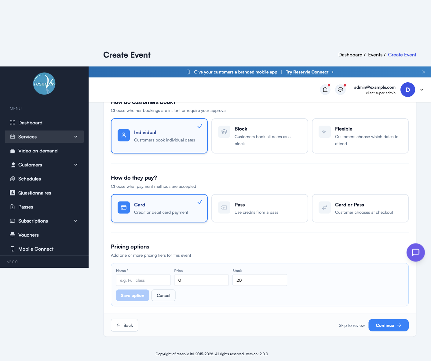 Pricing options inline form showing Name, Price, Stock fields with Save option / Cancel buttons