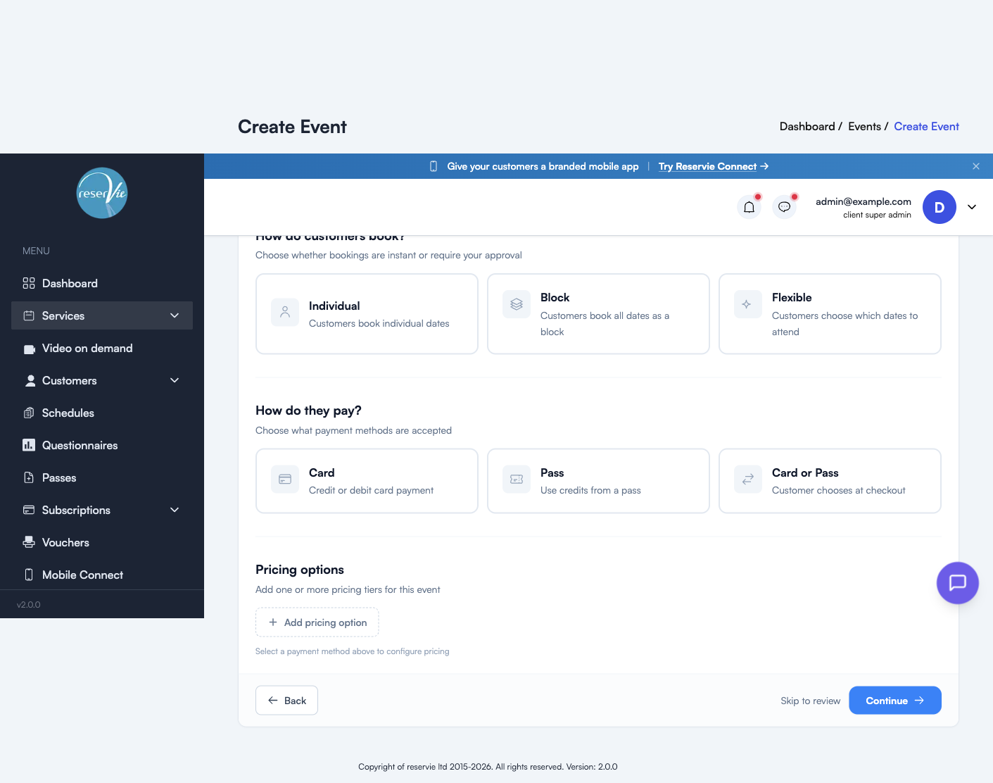 Step 2 of the editor showing booking type, payment method, and pricing options selectors