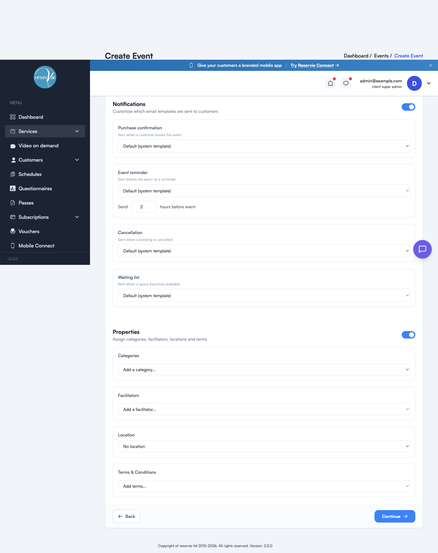 Step 3 with both Notifications and Properties sections expanded — showing email template overrides and category/facilitator/location/terms selectors