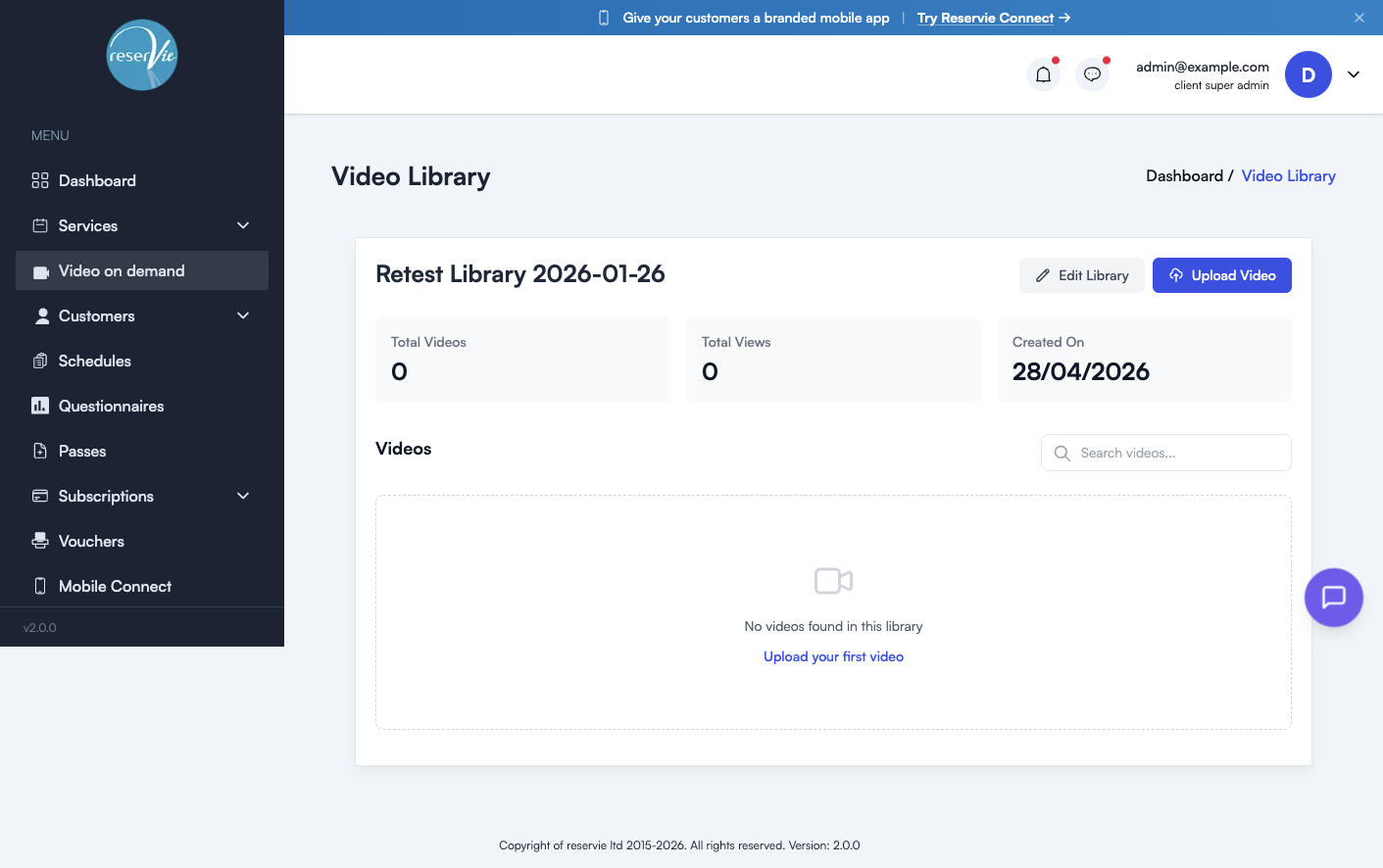 Video Library detail page showing library name, Edit Library and Upload Video buttons, stats cards (Total Videos, Total Views, Created On), and an empty videos list with a call to upload