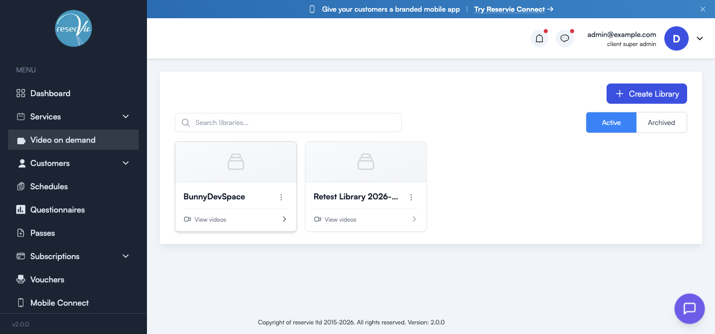 Video manager showing two library cards (BunnyDevSpace and Retest Library 2026-01-26) with Active/Archived tabs, search, and a Create Library button